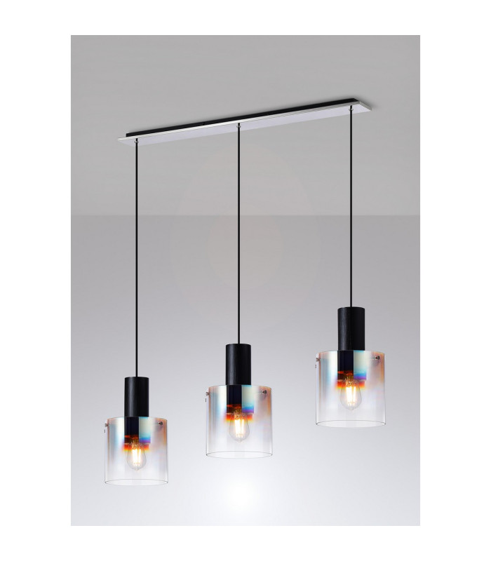Ghent Linear Pendant 3 Light Adjustable E27 Black/Iridescent Fade Glass-3