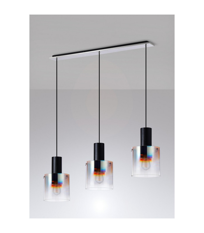 Ghent Linear Pendant 3 Light Adjustable E27 Black/Iridescent Fade Glass-9