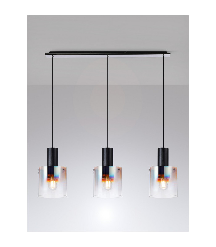 Ghent Linear Pendant 3 Light Adjustable E27 Black/Iridescent Fade Glass-10