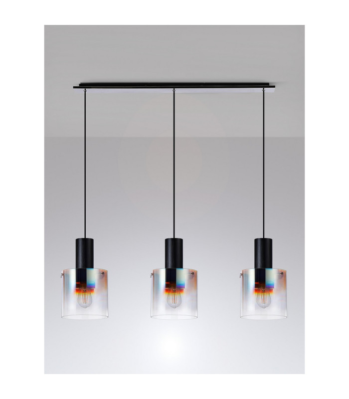 Ghent Linear Pendant 3 Light Adjustable E27 Black/Iridescent Fade Glass-11