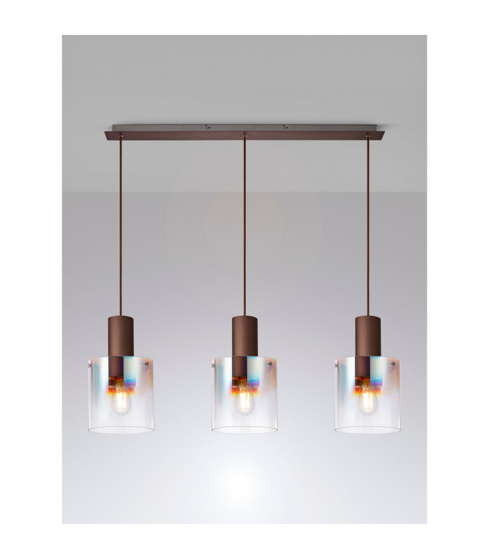 Ghent Linear Pendant 3 Light Adjustable E27 Mocha/Iridescent Fade Glass-3