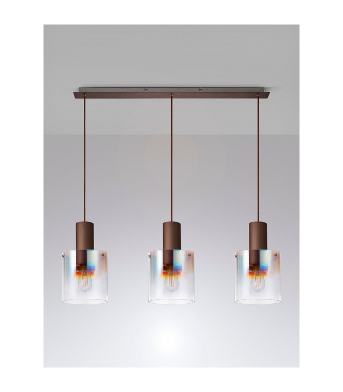 Ghent Linear Pendant 3 Light Adjustable E27 Mocha/Iridescent Fade Glass-7