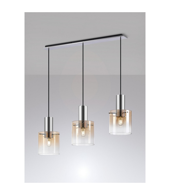 Ghent Linear Pendant 3 Light Adjustable E27 Polished Nickel/Black/Amber Fade Glass-3