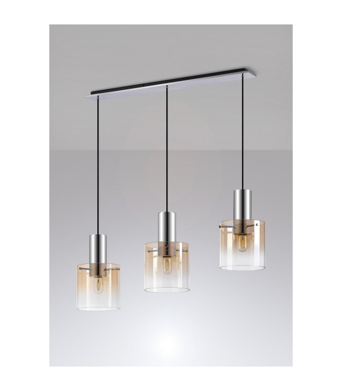 Ghent Linear Pendant 3 Light Adjustable E27 Polished Nickel/Black/Amber Fade Glass-9