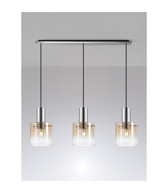 Ghent Linear Pendant 3 Light Adjustable E27 Polished Nickel/Black/Amber Fade Glass-10
