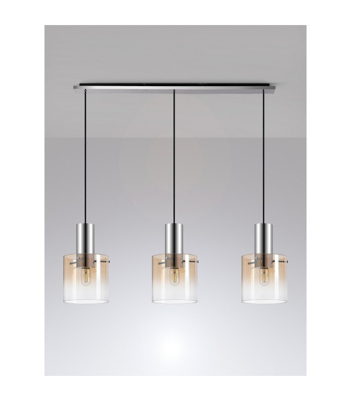 Ghent Linear Pendant 3 Light Adjustable E27 Polished Nickel/Black/Amber Fade Glass-11