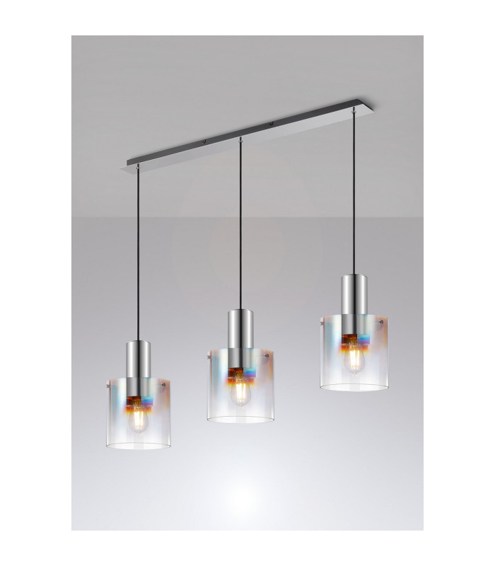 Ghent Linear Pendant 3 Light Adjustable E27 Polished Nickel/Black/Iridescent Fade Glass-3
