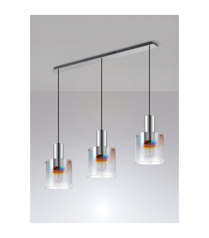 Ghent Linear Pendant 3 Light Adjustable E27 Polished Nickel/Black/Iridescent Fade Glass-9