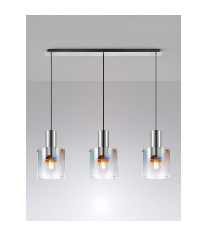 Ghent Linear Pendant 3 Light Adjustable E27 Polished Nickel/Black/Iridescent Fade Glass-10