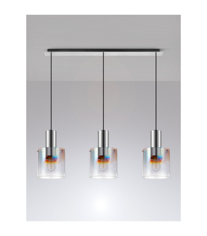 Ghent Linear Pendant 3 Light Adjustable E27 Polished Nickel/Black/Iridescent Fade Glass-11
