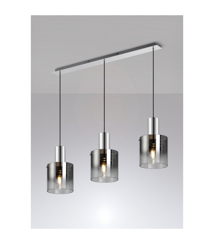 Ghent Linear Pendant 3 Light Adjustable E27 Polished Nickel/Black/Smoke Fade Glass-3