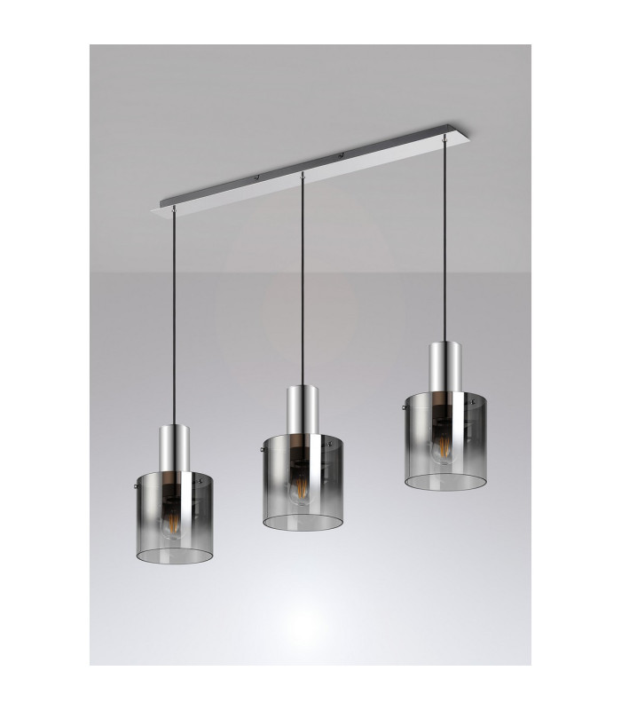 Ghent Linear Pendant 3 Light Adjustable E27 Polished Nickel/Black/Smoke Fade Glass-9