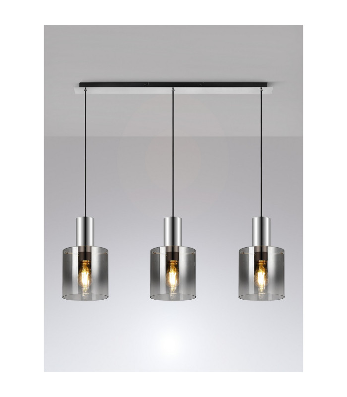 Ghent Linear Pendant 3 Light Adjustable E27 Polished Nickel/Black/Smoke Fade Glass-10