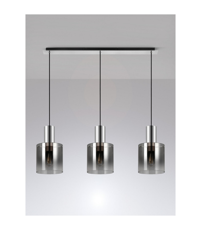 Ghent Linear Pendant 3 Light Adjustable E27 Polished Nickel/Black/Smoke Fade Glass-11