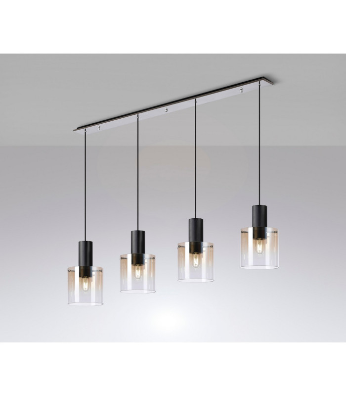 Ghent Linear Pendant 4 Light Adjustable E27 Black/Polished Chrome/Amber Fade Glass-3
