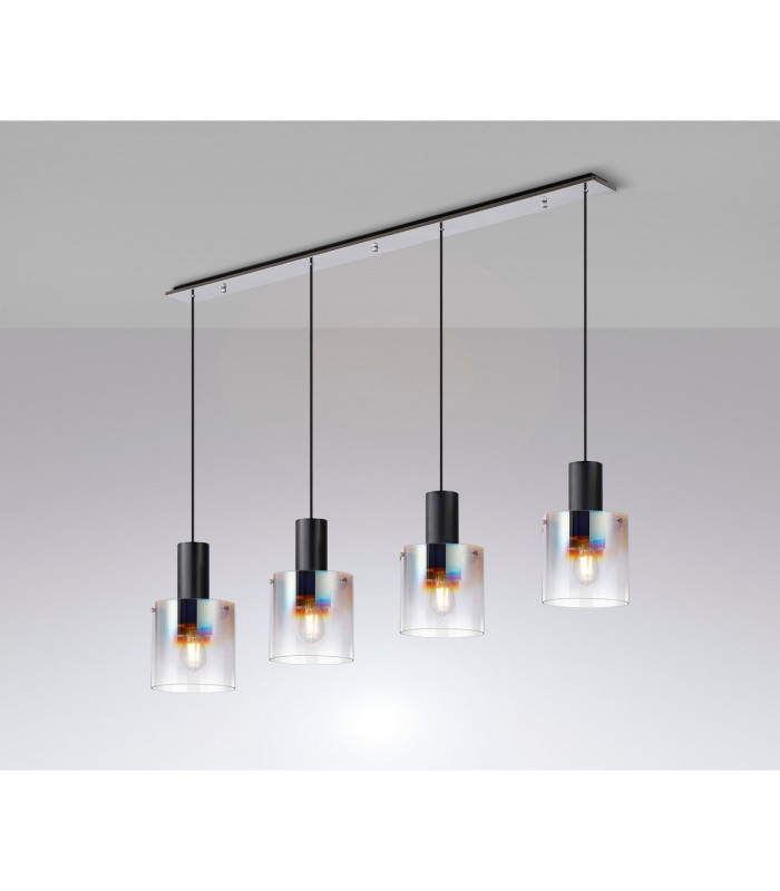 Ghent Linear Pendant 4 Light Adjustable E27 Black/Polished Chrome/Iridescent Fade Glass-3
