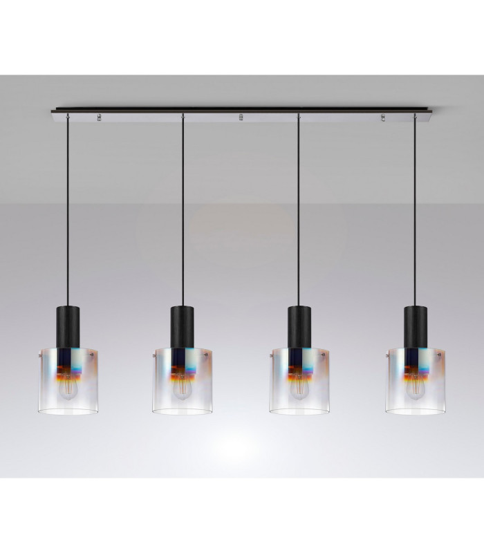 Ghent Linear Pendant 4 Light Adjustable E27 Black/Polished Chrome/Iridescent Fade Glass-11