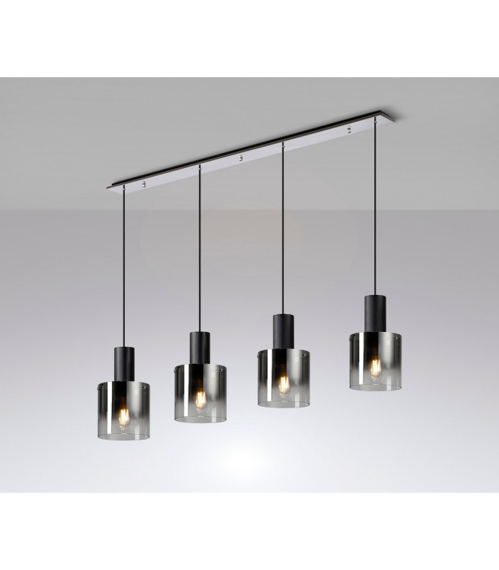 Ghent Linear Pendant 4 Light Adjustable E27 Black/Polished Chrome/Smoke Fade Glass-3