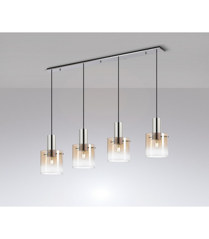 Ghent Linear Pendant 4 Light Adjustable E27 Polished Nickel/Black/Amber Fade Glass-3