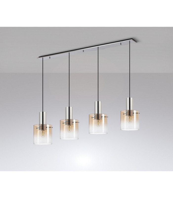 Ghent Linear Pendant 4 Light Adjustable E27 Polished Nickel/Black/Amber Fade Glass-7