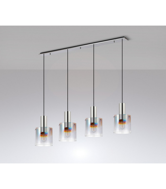 Ghent Linear Pendant 4 Light Adjustable E27 Polished Nickel/Black/Iridescent Fade Glass-8
