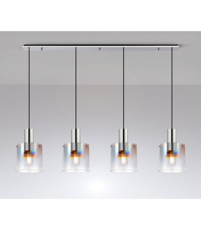 Ghent Linear Pendant 4 Light Adjustable E27 Polished Nickel/Black/Iridescent Fade Glass-9