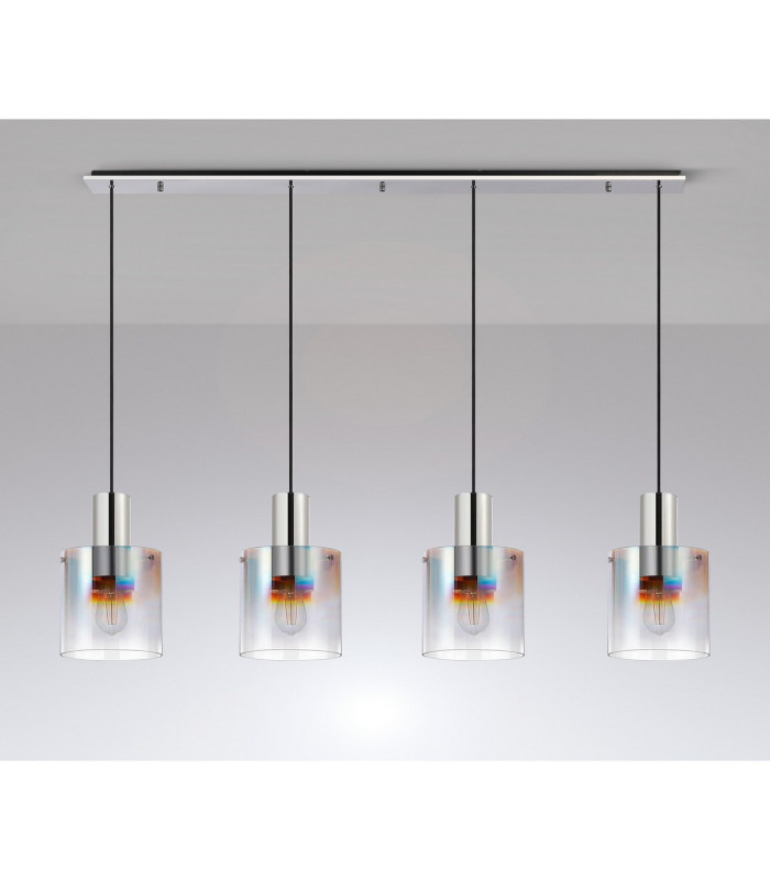 Ghent Linear Pendant 4 Light Adjustable E27 Polished Nickel/Black/Iridescent Fade Glass-10