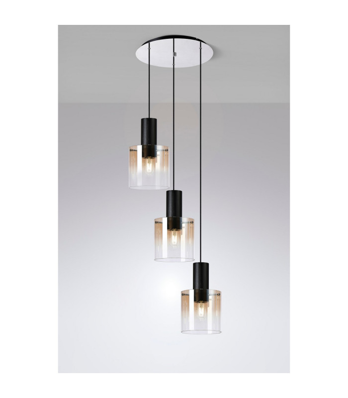 Ghent 50cm Round Pendant 3 Light Adjustable E27 Black/Amber Fade Glass-3
