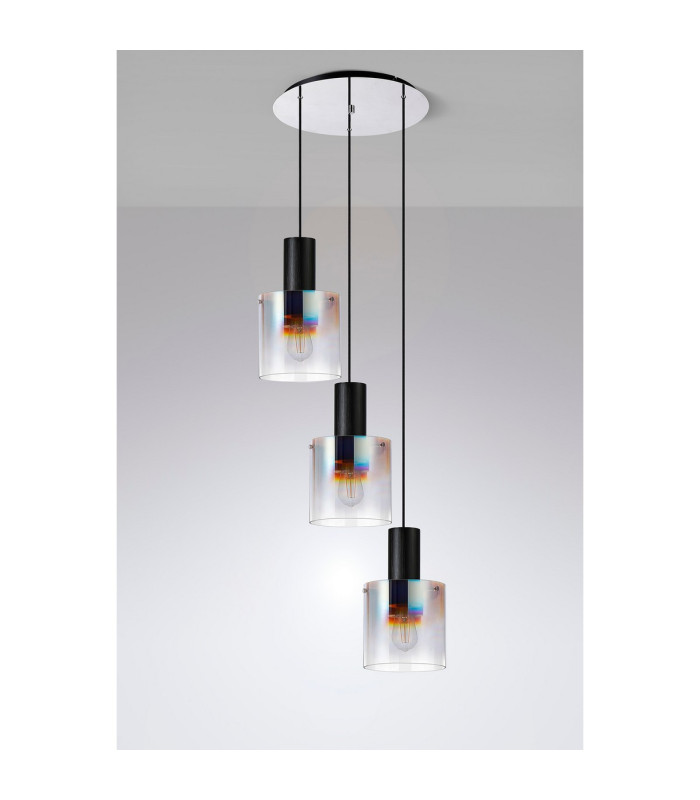 Ghent 50cm Round Pendant 3 Light Adjustable E27 Black/Iridescent Fade Glass-3
