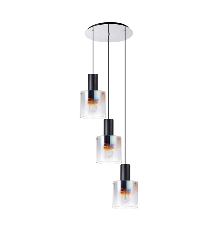 Ghent 50cm Round Pendant 3 Light Adjustable E27 Black/Iridescent Fade Glass-4