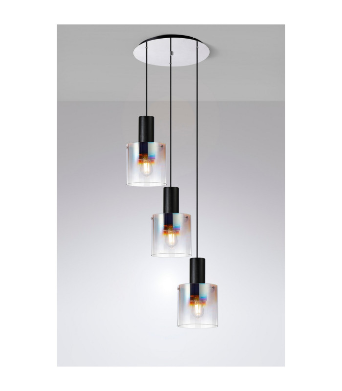 Ghent 50cm Round Pendant 3 Light Adjustable E27 Black/Iridescent Fade Glass-8