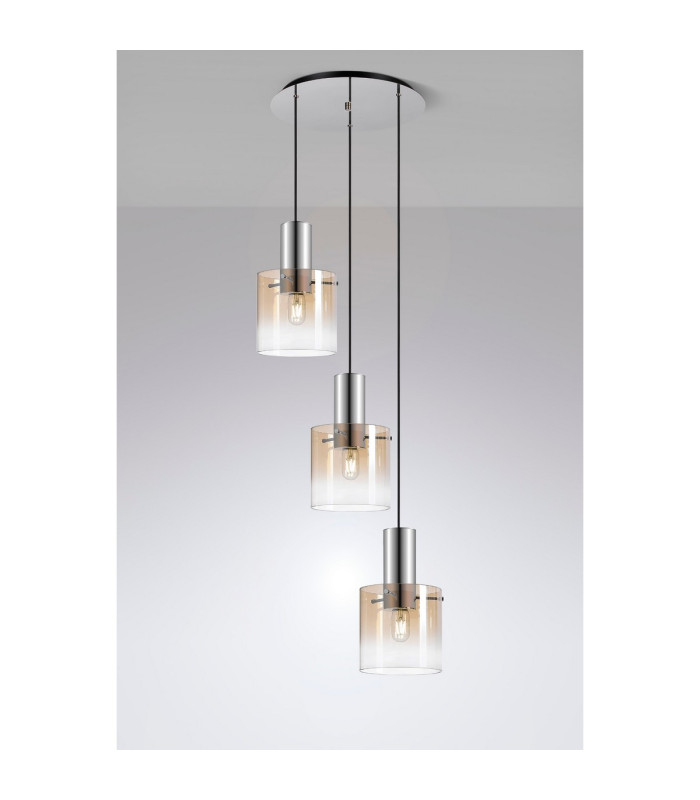 Ghent 50cm Round Pendant 3 Light Adjustable E27 Polished Nickel/Black/Amber Fade Glass-3