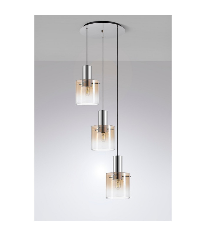 Ghent 50cm Round Pendant 3 Light Adjustable E27 Polished Nickel/Black/Amber Fade Glass-8