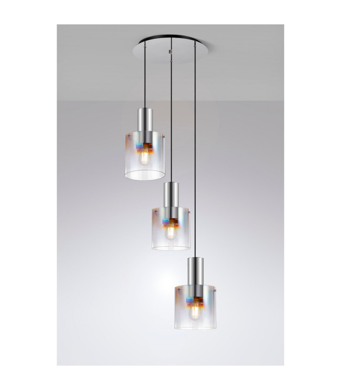 Ghent 50cm Round Pendant 3 Light Adjustable E27 Polished Nickel/Black/Iridescent Fade Glass-3