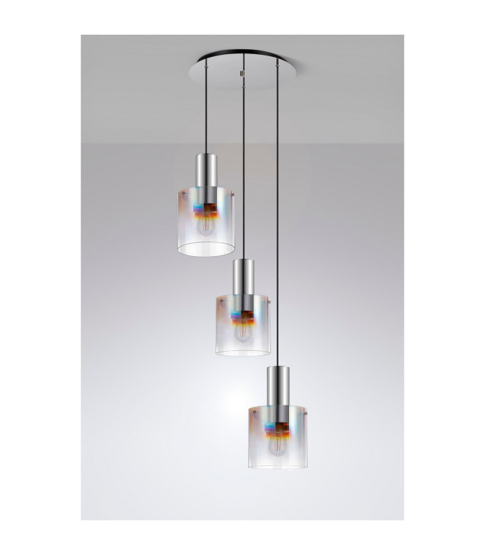 Ghent 50cm Round Pendant 3 Light Adjustable E27 Polished Nickel/Black/Iridescent Fade Glass-8
