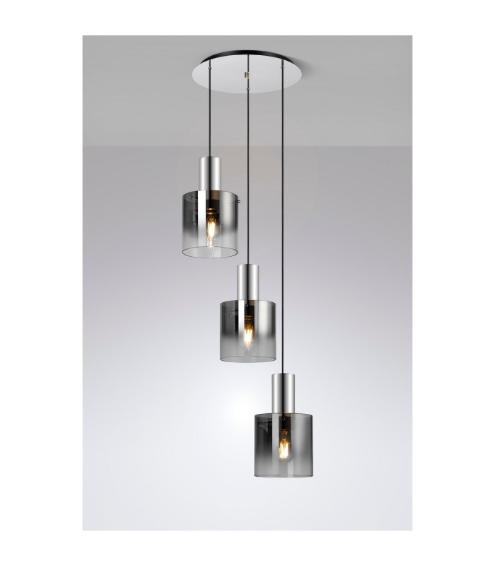 Ghent 50cm Round Pendant 3 Light Adjustable E27 Polished Nickel/Black/Smoke Fade Glass-3