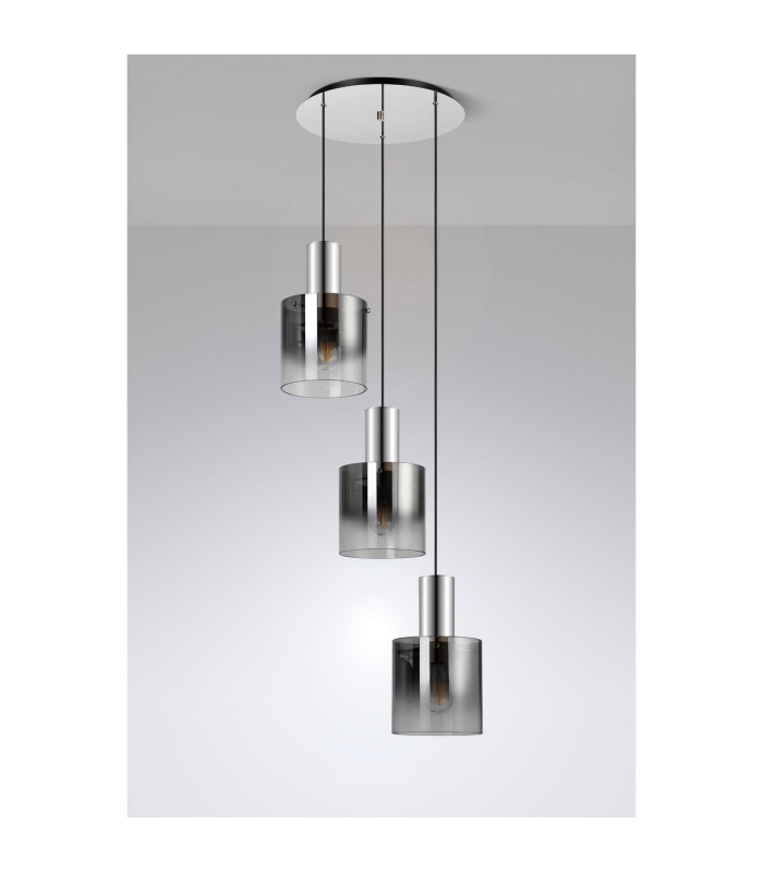 Ghent 50cm Round Pendant 3 Light Adjustable E27 Polished Nickel/Black/Smoke Fade Glass-8