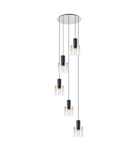Ghent 65cm Round Pendant 5 Light Adjustable E27 Black/Amber Fade Glass-1