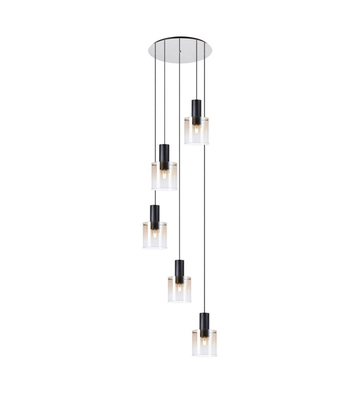 Ghent 65cm Round Pendant 5 Light Adjustable E27 Black/Amber Fade Glass-1