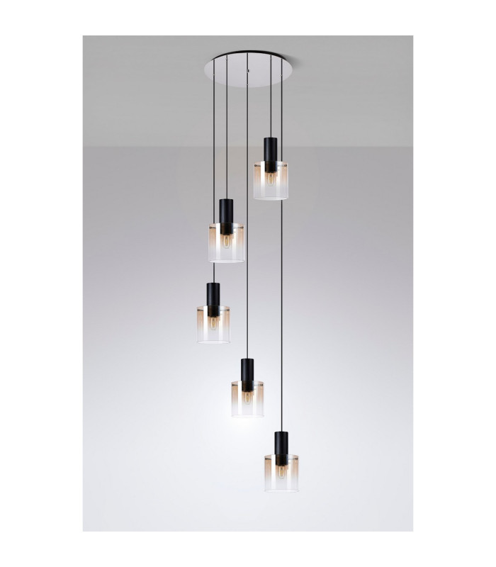 Ghent 65cm Round Pendant 5 Light Adjustable E27 Black/Amber Fade Glass-8
