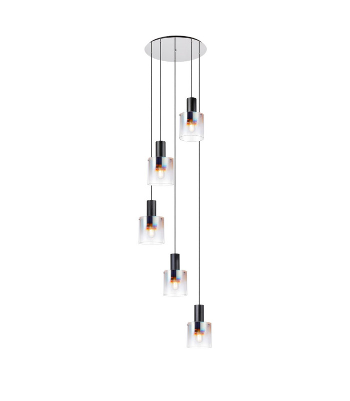 Ghent 65cm Round Pendant 5 Light Adjustable E27 Black/Iridescent Fade Glass-1
