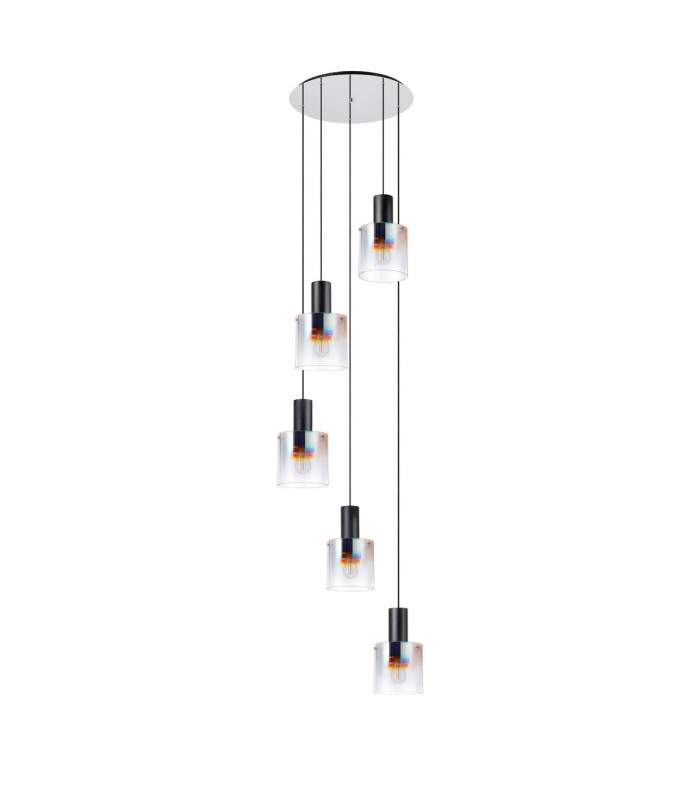 Ghent 65cm Round Pendant 5 Light Adjustable E27 Black/Iridescent Fade Glass-4