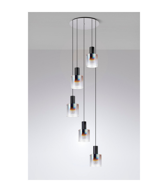 Ghent 65cm Round Pendant 5 Light Adjustable E27 Black/Iridescent Fade Glass-8