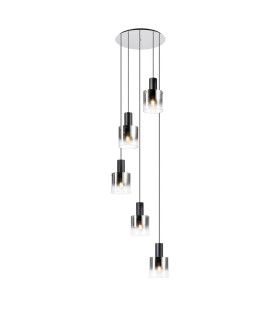 Ghent 65cm Round Pendant 5 Light Adjustable E27 Black/Smoke Fade Glass-1