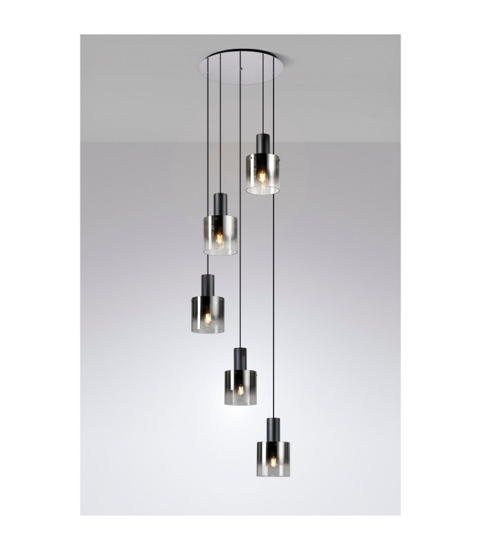 Ghent 65cm Round Pendant 5 Light Adjustable E27 Black/Smoke Fade Glass-3