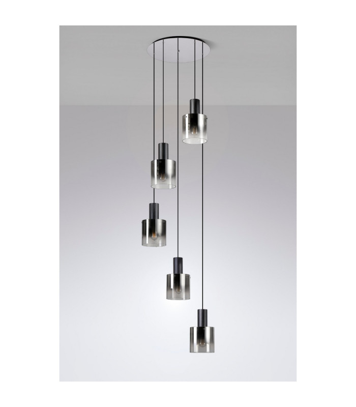 Ghent 65cm Round Pendant 5 Light Adjustable E27 Black/Smoke Fade Glass-8