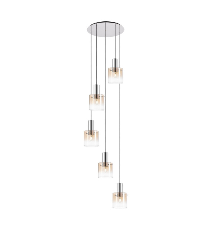 Ghent 65cm Round Pendant 5 Light E27 Polished Nickel/Black/Amber Fade Glass-1