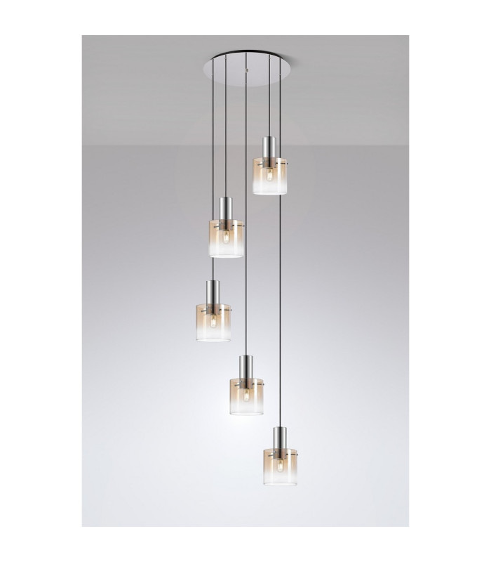 Ghent 65cm Round Pendant 5 Light E27 Polished Nickel/Black/Amber Fade Glass-3