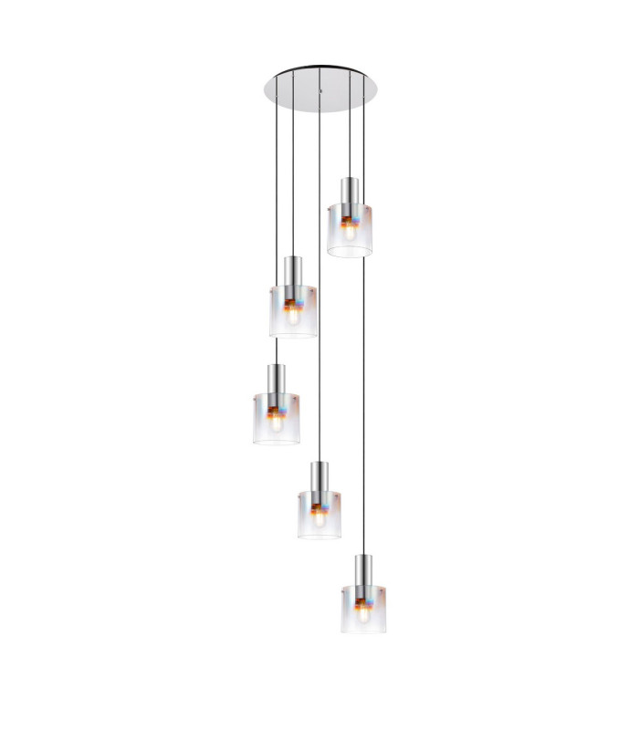 Ghent 65cm Round Pendant 5 Light E27 Polished Nickel/Black/Iridescent Fade Glass-1
