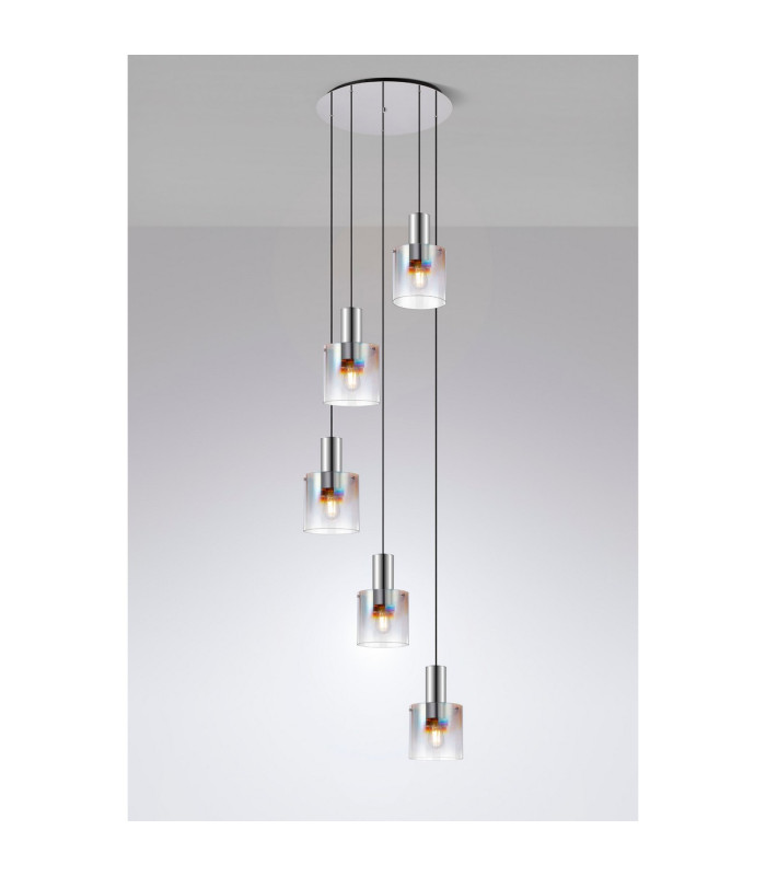 Ghent 65cm Round Pendant 5 Light E27 Polished Nickel/Black/Iridescent Fade Glass-3